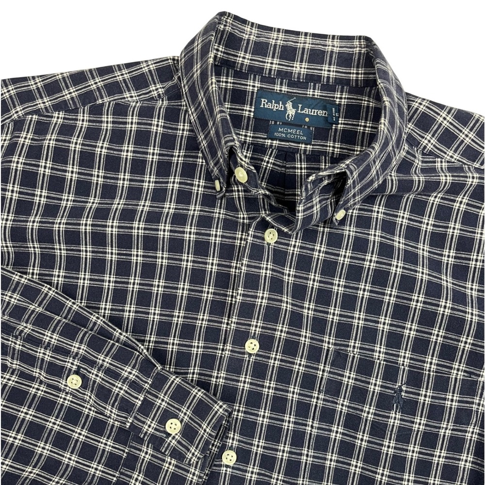 Ralph Lauren‎ EUC Button Down Men's L Navy Plaid McNeel Cotton Long Sleeve